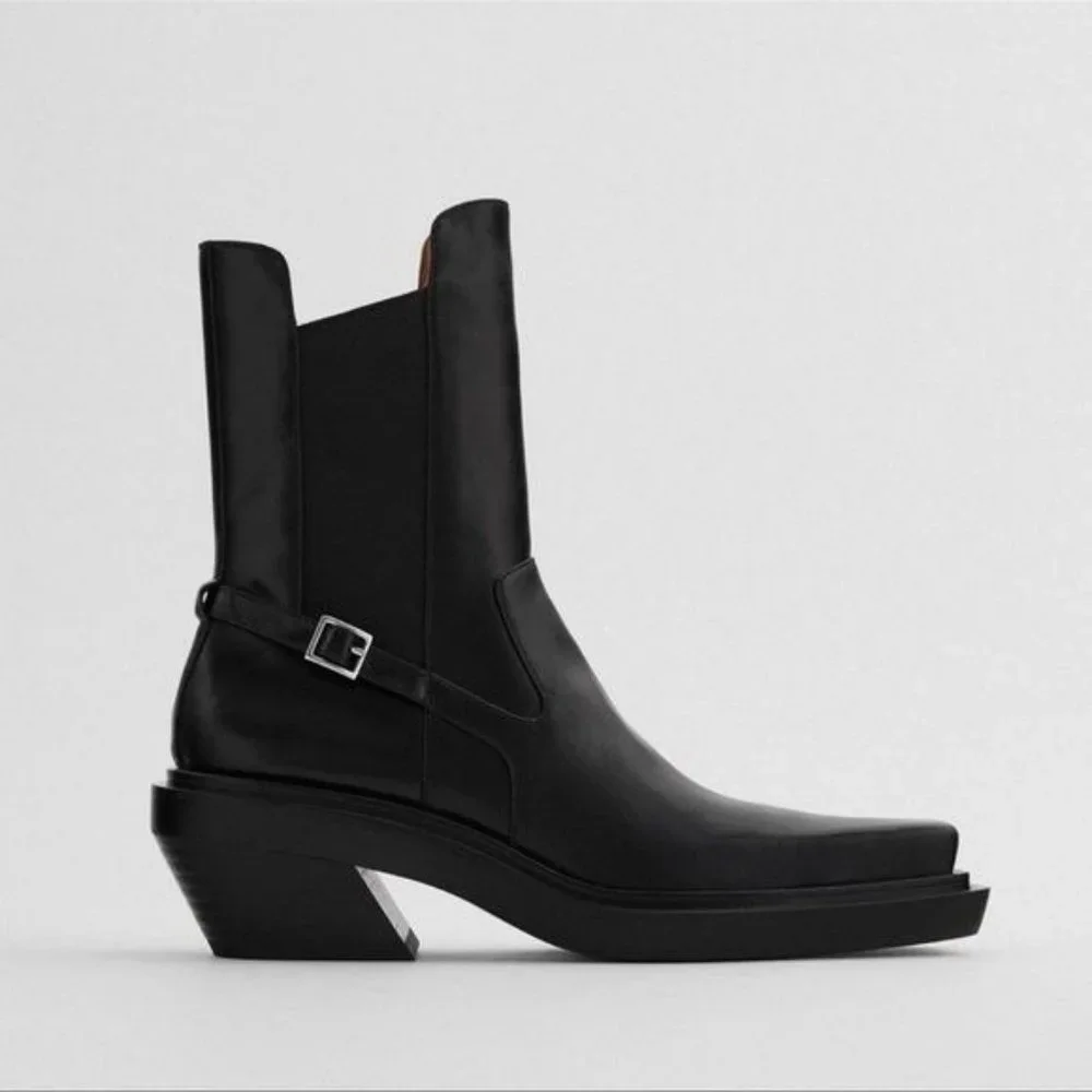 NWOT ZARA LEATHER SQUARE TOE  BOOTS Size  US7.5 EU38 - Picture 2 of 10